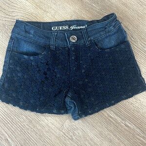 Guess triangle rhinestone logo floral crochet denim jean shortie shorts girls 8‎
